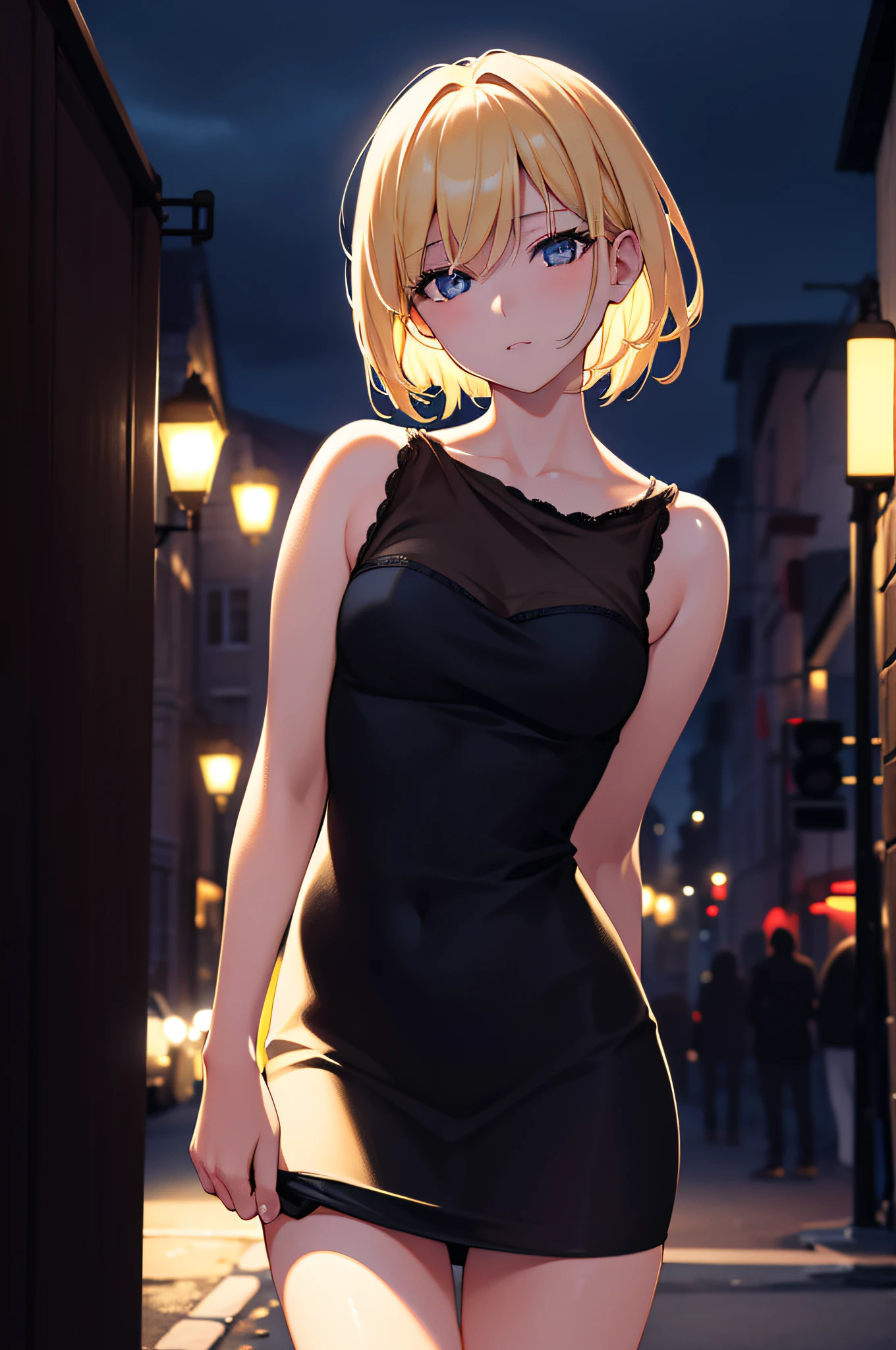 Short blonde hair，the night，A girl，deep shading，cold light，low tune，in the darkness nigth，RAW photogr，best qualtiy，tmasterpiece，Ultra-high resolution，Realistic1.5