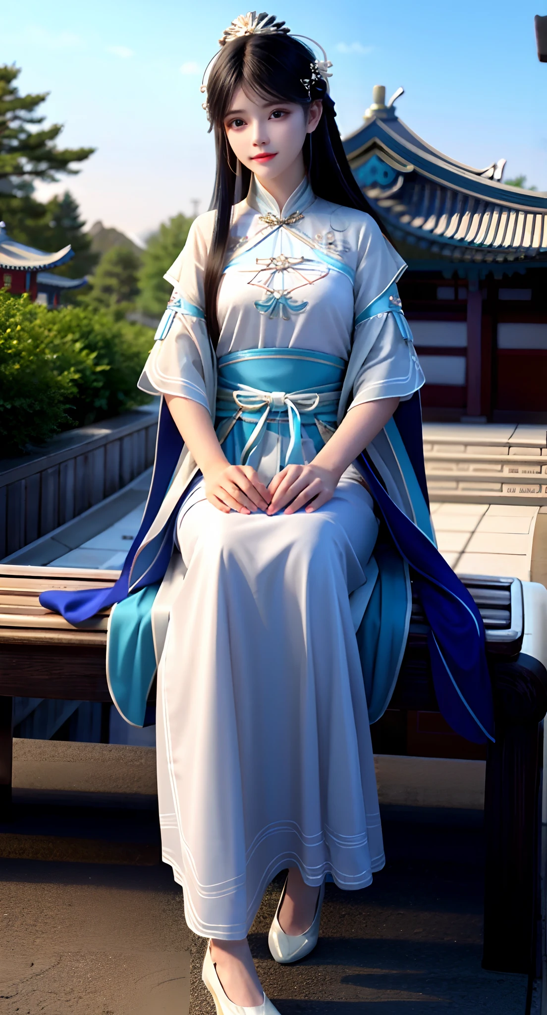 there is a woman sitting on a bench in a blue dress, Palace ， A girl in Hanfu, Hanfu, White Hanfu, Wearing ancient Chinese clothes, with acient chinese clothes, Traditional Chinese clothing, Anime girl cosplay, Chinese costume, traditional garb, Traditional clothing, Japanese clothes, traditionalcostumes, full-body xianxia, dressed with long fluent clothes