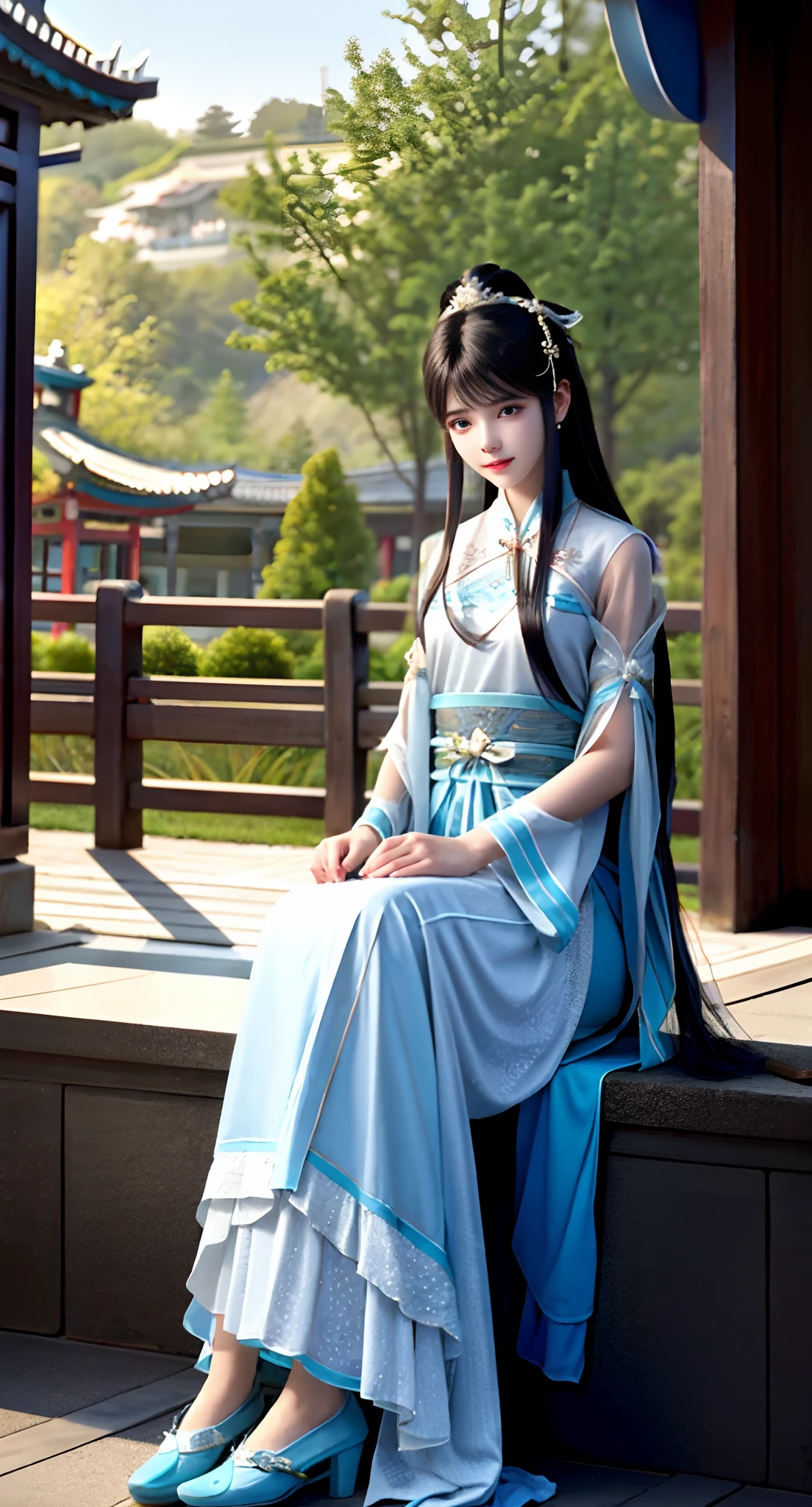 there is a woman sitting on a bench in a blue dress, Palace ， A girl in Hanfu, Hanfu, White Hanfu, Wearing ancient Chinese clothes, with acient chinese clothes, Traditional Chinese clothing, Anime girl cosplay, Chinese costume, traditional garb, Traditional clothing, Japanese clothes, traditionalcostumes, full-body xianxia, dressed with long fluent clothes