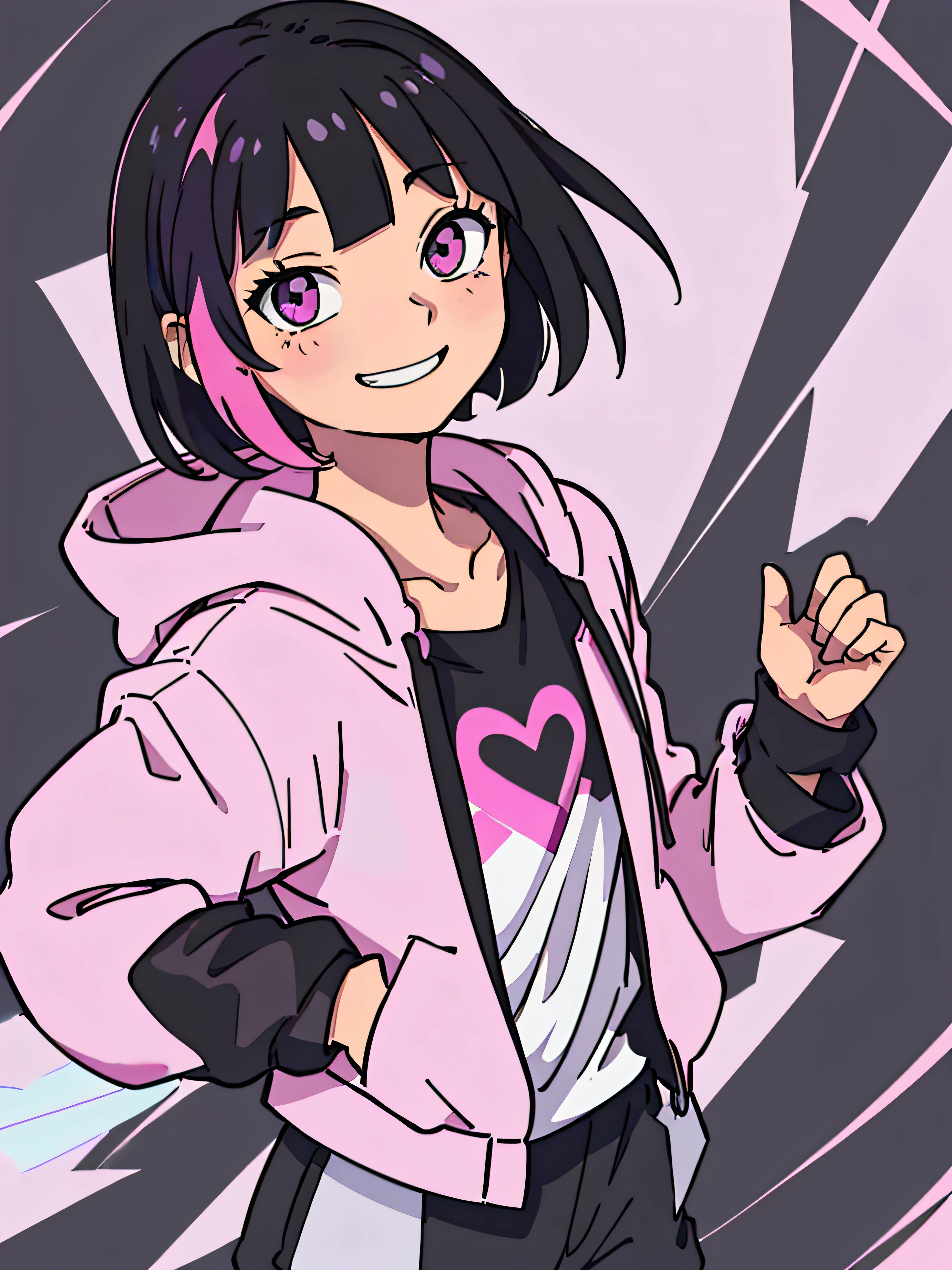 Chica anime con cabello rosado, pantalones negros y una chaqueta rosa. -  SeaArt AI