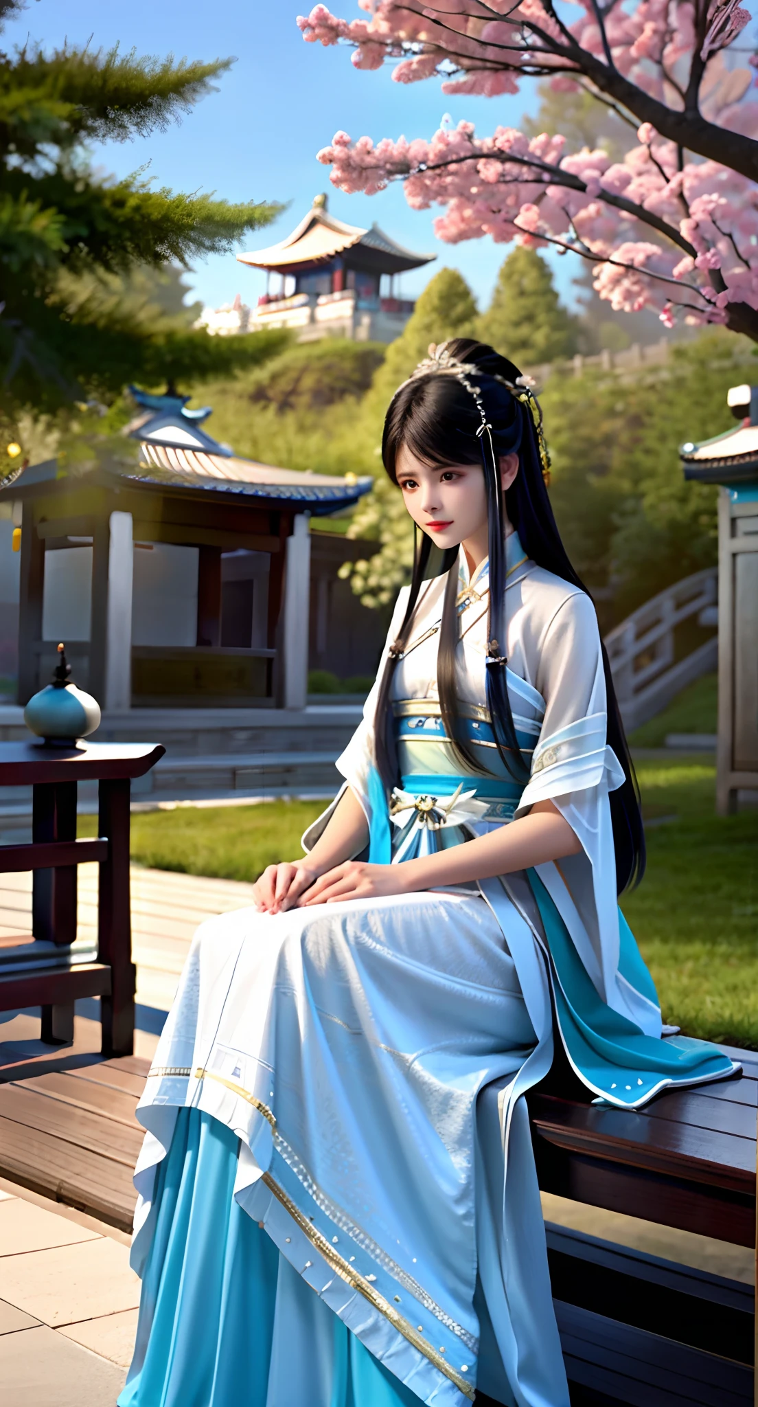 青いドレスを着てベンチに座っている女性がいます, 宮殿 ， A girl in 漢服, 漢服, White 漢服, 古代中国の衣装を着て, 古代中国の衣装を着て, 中国の伝統衣装, アニメの女の子のコスプレ, 中国の衣装, 伝統的な衣装, 伝統衣装, 和服, 伝統衣装, 全身仙侠, 長くてゆったりとした服を着ている