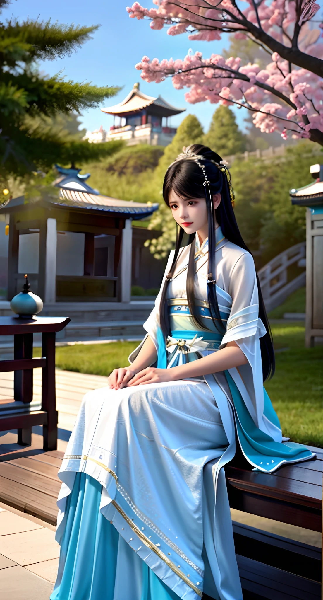 there is a woman sitting on a bench in a blue dress, Palace ， A girl in Hanfu, Hanfu, White Hanfu, Wearing ancient Chinese clothes, with acient chinese clothes, Traditional Chinese clothing, Anime girl cosplay, Chinese costume, traditional garb, Traditional clothing, Japanese clothes, traditionalcostumes, full-body xianxia, dressed with long fluent clothes