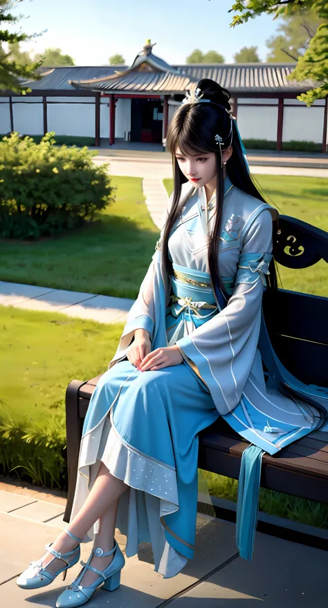 there is a woman sitting on a bench in a blue dress, Palace ， A girl in Hanfu, Hanfu, White Hanfu, Wearing ancient Chinese cloth...
