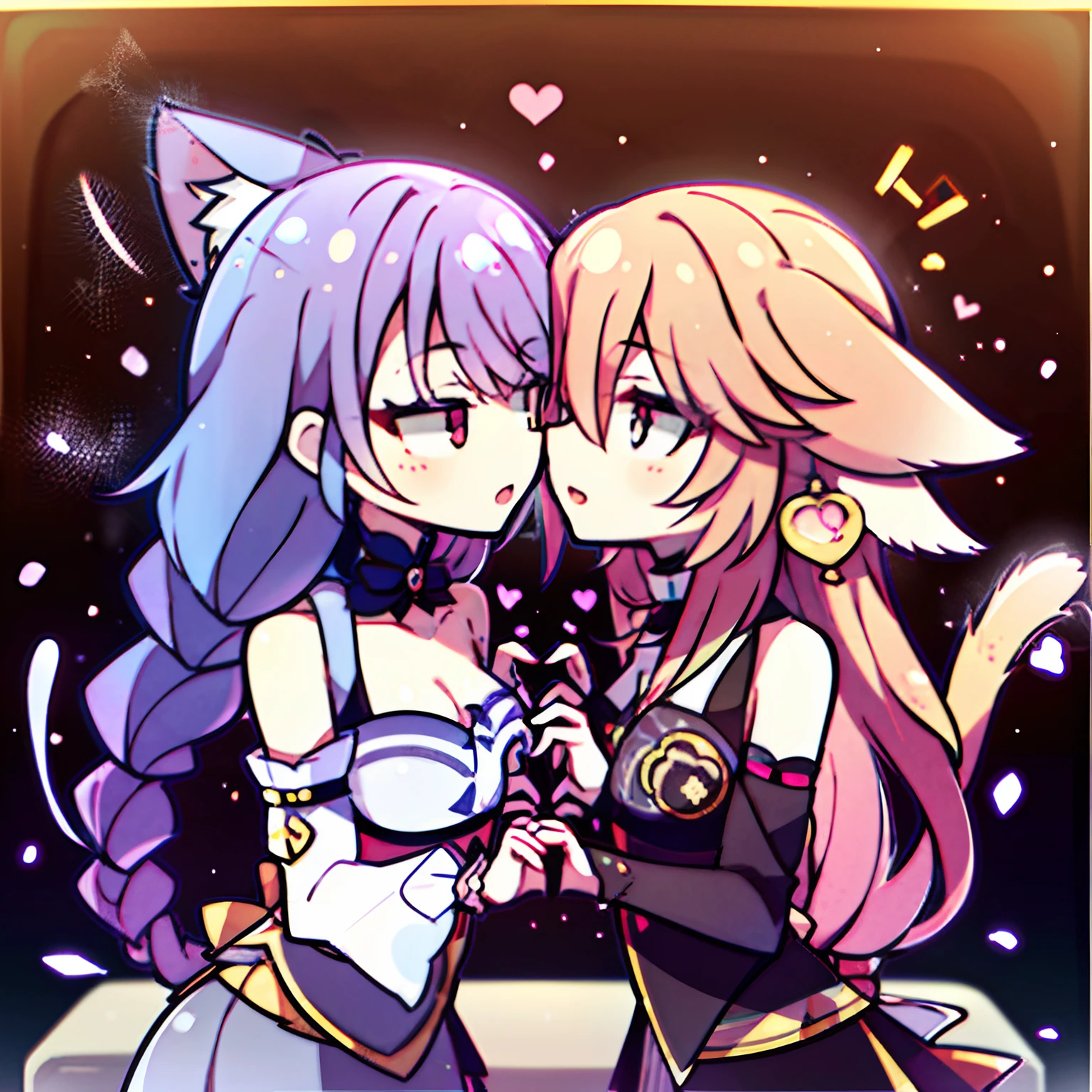 2girls,chibi,cat ears, kiss,yuri, coffee cup,symmetrical pose, tail, head rub, in cup,speak heart,