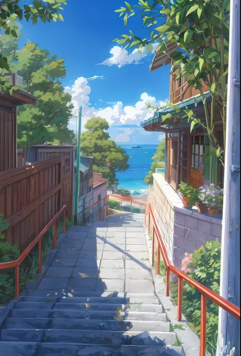 a painting of a stairway leading to a house with a view of the ocean, beautiful anime scenery, anime background art, detailed scenery —width 672, beautiful anime scene, anime scenery, anime beautiful peace scene, summer street near a beach, anime backgroun...