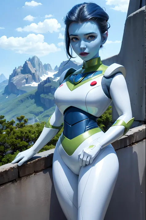 (masterpiece, best quality:1.1), (milanova:1.05), 1girll, solo, spacesuit, blue skin, looking down, outdoors, alien planet, extr...