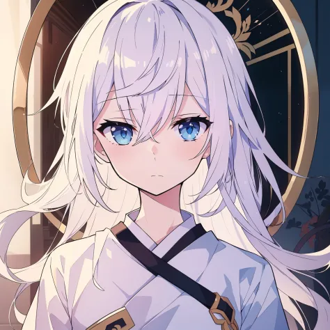 “(1 people)(((best quality))),(((ultra detailed))),(((masterpiece))),illustration," "white hair", "sad expression", "hanfu", "in...