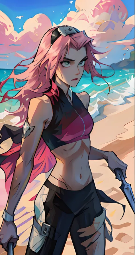 league of legend，akali ，slim figure，swim wears，open navel，in pink，beachside，sandbeach，two knives in his hand