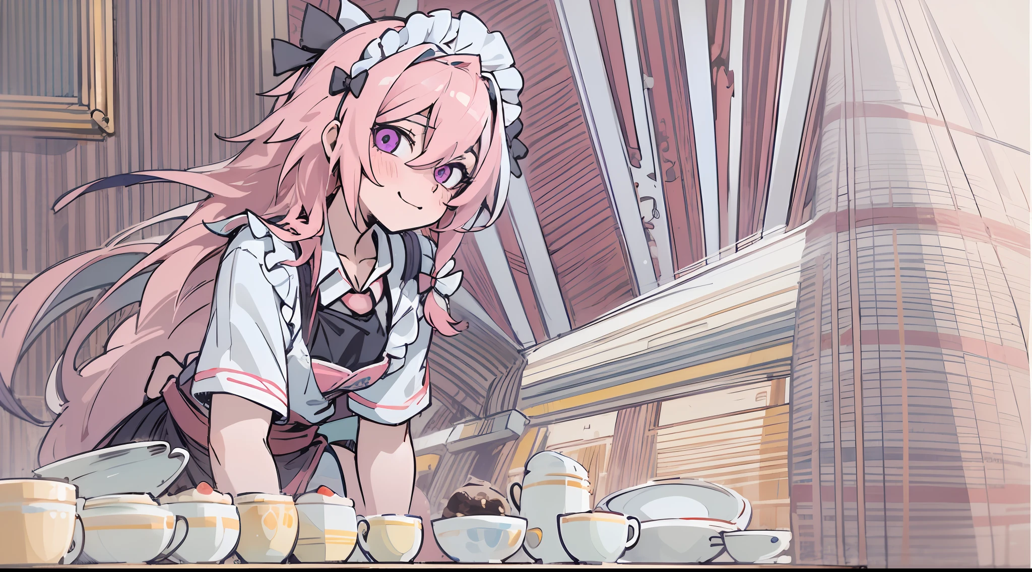 (masterpiece:1.2), ultra-detailed, illustration, absurdres, Astolfo, long braid, looking at viewer, purple eyes, hair between eyes, striped, collarbone, hair bow, 1boy, black bow, male focus, otoko no ko, solo, pink hair, single braid, long hair, hair intakes, streaked hair, hair ribbon, from above, smile, blush, thick thighs, solo, indoors, cafe, maid headdress, maid apron, maid, hands on hips, detailed expression,