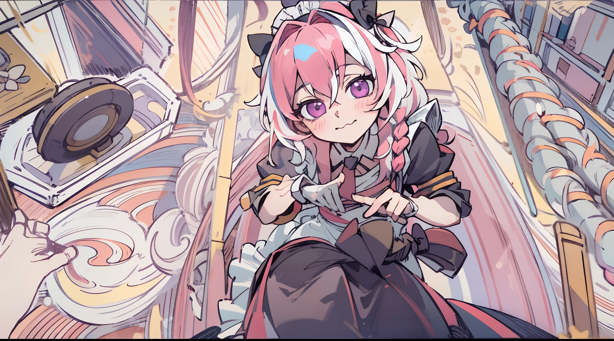 (masterpiece:1.2), ultra-detailed, illustration, absurdres, Astolfo, long braid, looking at viewer, purple eyes, hair between eyes, striped, collarbone, hair bow, 1boy, black bow, male focus, otoko no ko, solo, pink hair, single braid, long hair, hair intakes, streaked hair, hair ribbon, from above, smile, blush, thick thighs, solo, indoors, cafe, maid headdress, maid apron, maid, hands on hips, detailed expression,