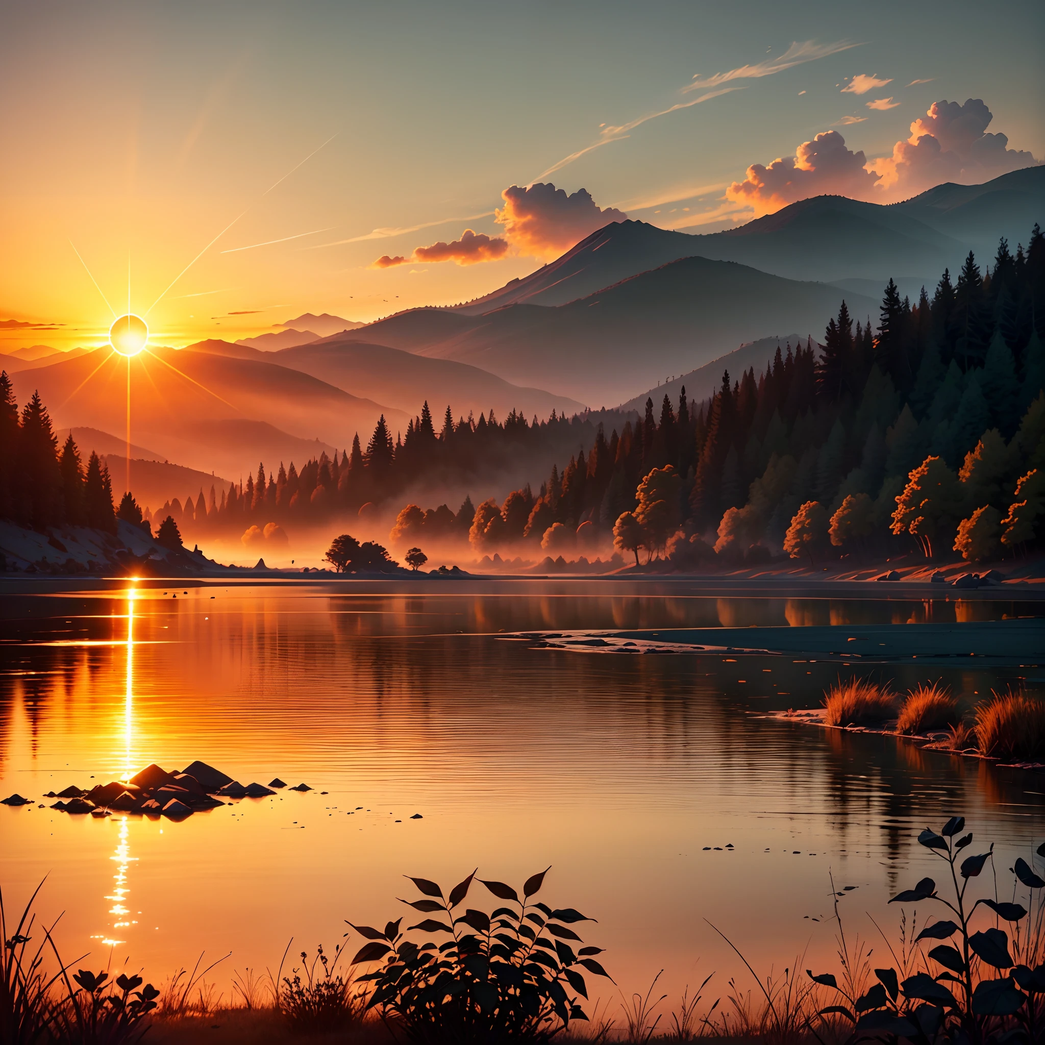 静かで穏やかな風景の上に輝く日の出を描いた画像