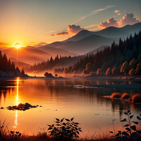 An image that depicts a radiant sunrise over a tranquil and serene landscape
