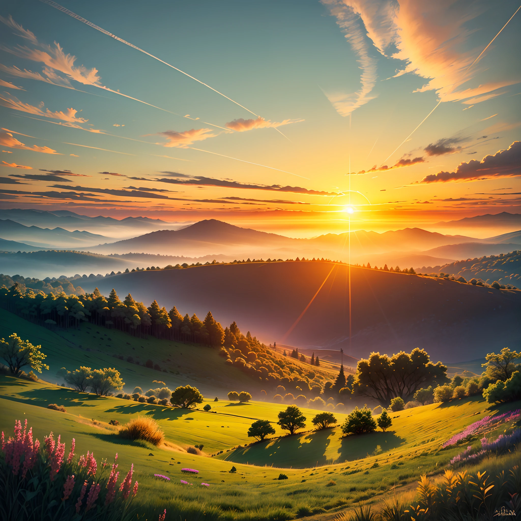 Una imagen que representa un amanecer radiante sobre un paisaje tranquilo y sereno.