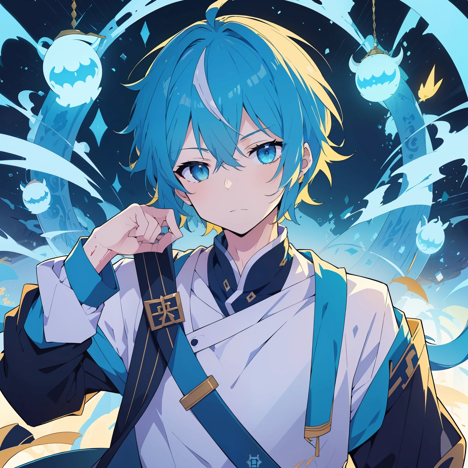 1 persons)(((Best quality))),(((Ultra detailed))),(((Masterpiece))),illustration,""Qi Xuan(Libido boy)：blue hairs，Yellow Hanfu，Dragon pattern，grievance，Blood，scarlet，Cold Palace""