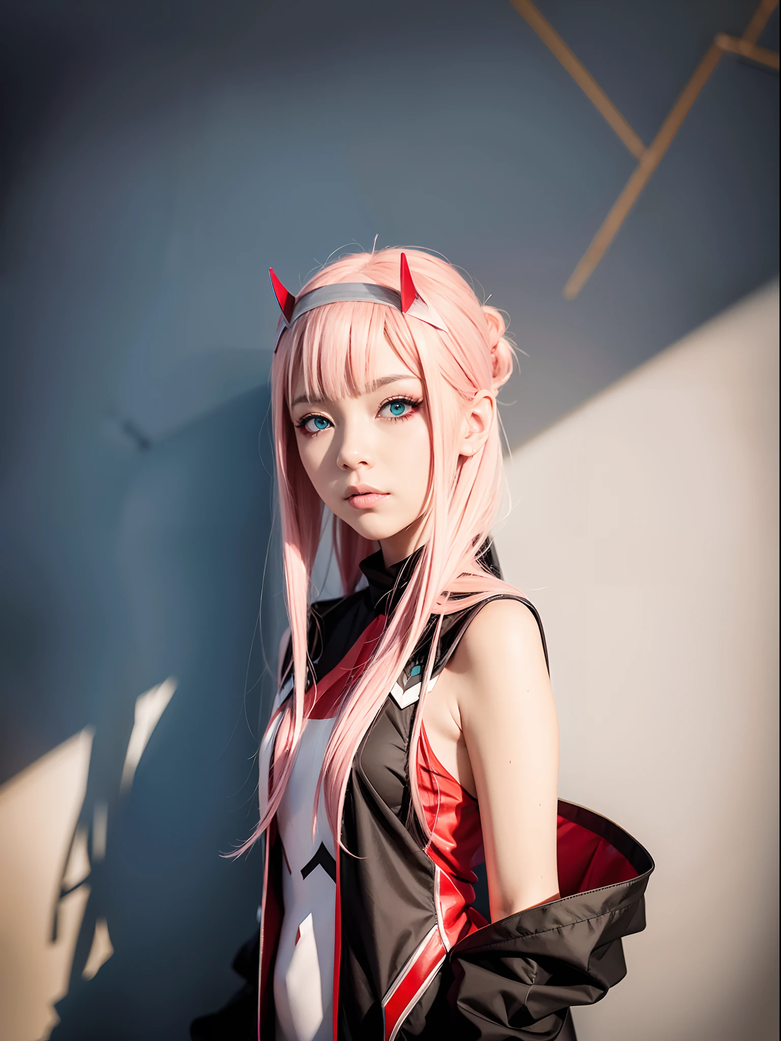 A girl, cosplaying Zero Two from anime Darling in the FranXX, expressive eyes, beautiful face, makeup, perfect face, background gray wall.
