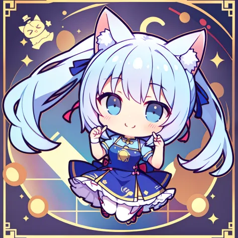 Kizi，adorable smile，Cat ears，coda，Medium hair，Blue cheongsam，White stockings，high-heels，tchibi