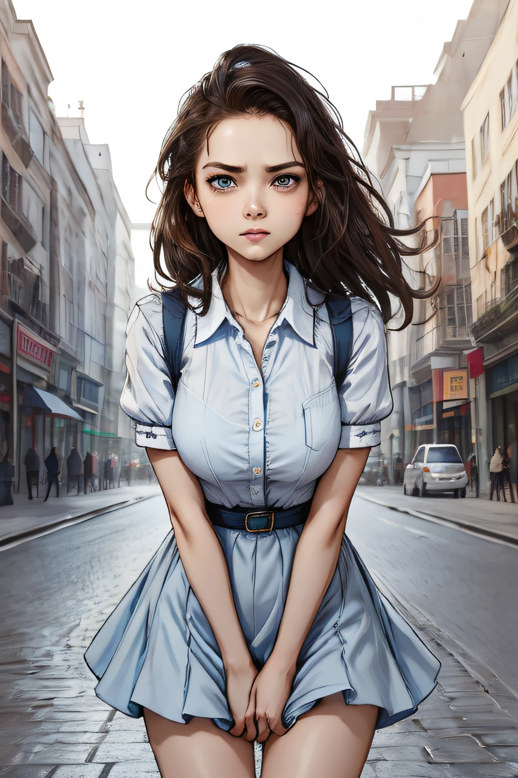 tmasterpiece，Highest image quality，super-fine，A girl，white  shirt，Blue dress，beautiful countenance，streets background，A confident expression，perspire，Angry，Suspect me male。