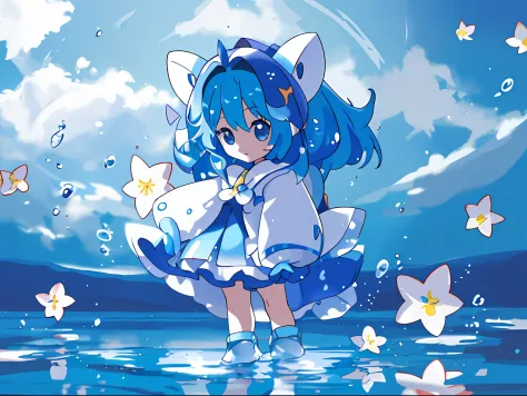Anime girl with blue hair and white dress standing in water, Cute anime mouse girl, Guviz-style artwork, Guviz, Anime art wallpa...