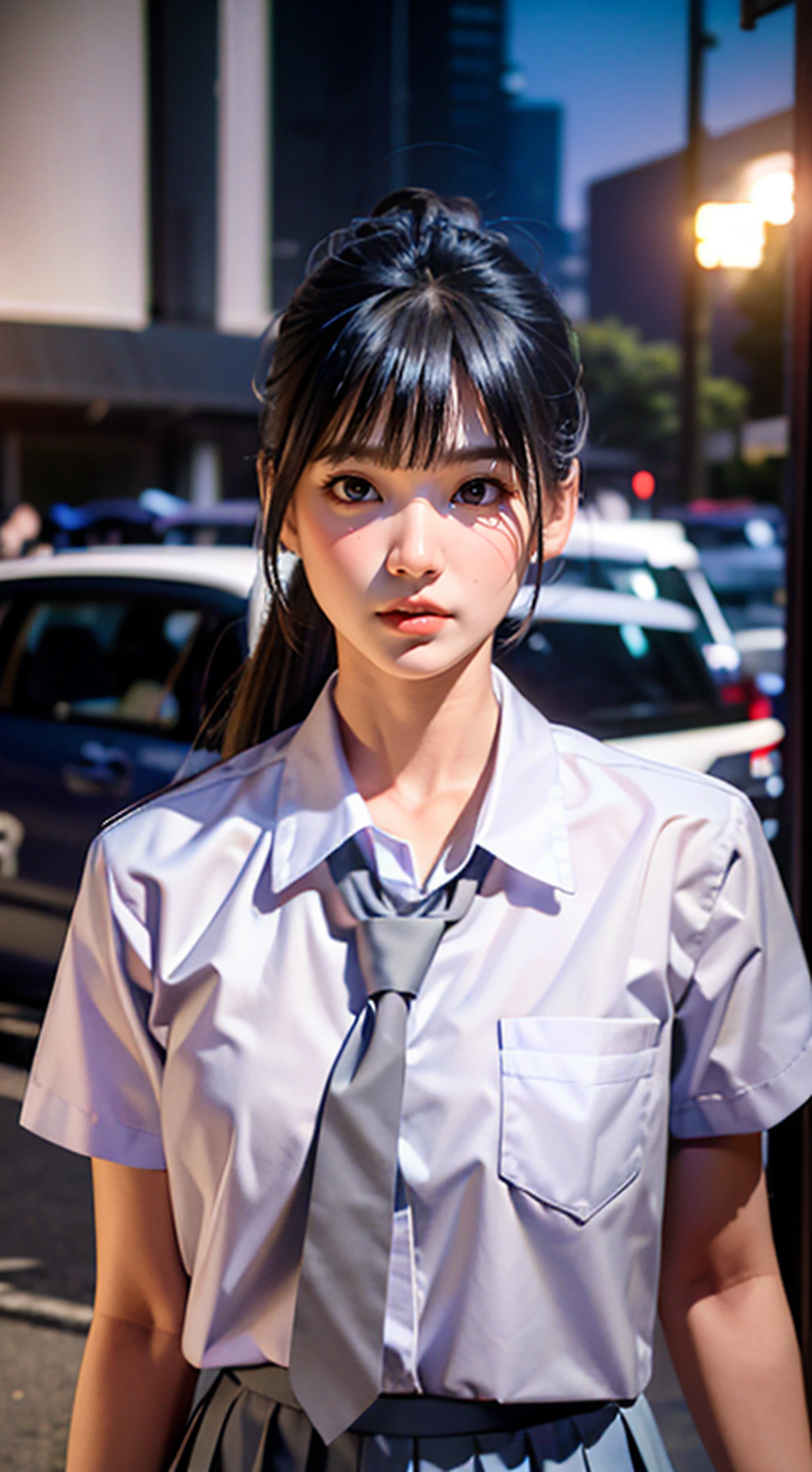 masterpiece, best quality, 8k, 85mm portrait, absurdres, beautiful girl, (night, upper body:1.5), cute, street, (school uniform, white shirt, short sleeve,blue grey plain skirt,  tie:1.2),bangs and ponytail, black hair,long hair, slender, neon, (Lianyungang, Akishima, Yeonggwang:0.4), korean makeup, perspective, depth of field, ultra realistic, highres, photography, sharp focus, HDR, facelight, dynamic lighting, highest detailed, extreme detailed, ultra detailed, finely detail, real skin, delicate facial features,inside classroom,board