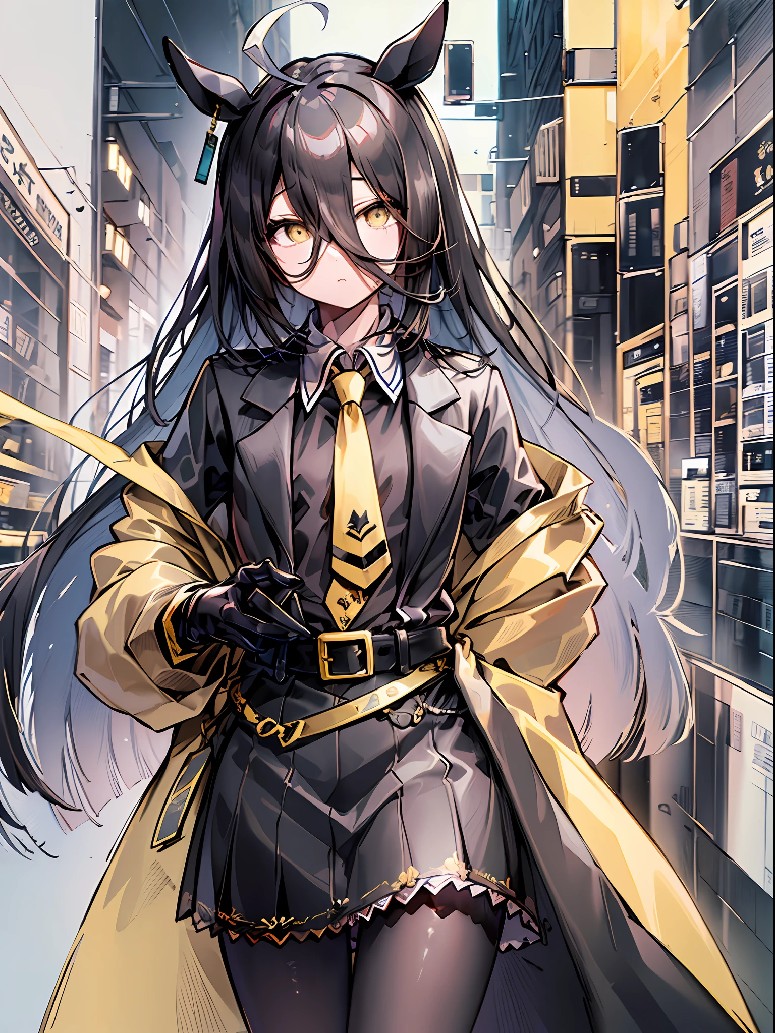 ((​masterpiece))、((top-quality))、(solo)、manhattan-cafe,manhattan-cafe(Racing Wear),、White ahoge, (Long Black Hair)、long black bangs passing between the eyes,,、Black-haired horse ears、Horse tail、Yellow eyes without highlights、(((flat chest)))、((Long coat in black))、((Black shirt))、 ((Black pantyhose))、((a black skirt))、Black Gloves、((Yellow tie))、a belt、