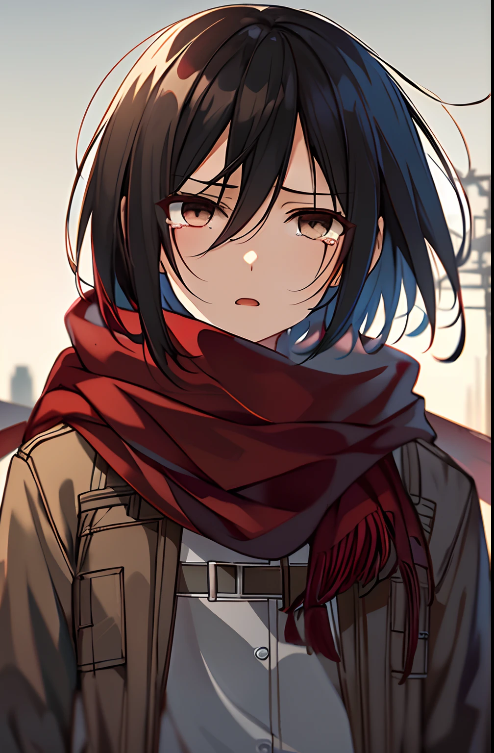 Masterpiece,Best quality,1girll,mikasa_ackerman,Red scarf,sky,Gloomy,Combat posture,sinister gang,butyric,Minimalism,Impact art,ruins,Black eyes,Close up,Open your mouth,With tears in his eyes,