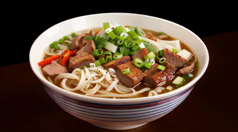 There was a bowl of noodles，There is meat and vegetables inside, realistic photo of delicious pho,