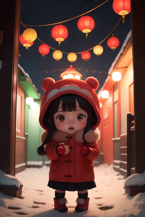 Cold winter nights，Chinese New Year，Little girl standing，Red lantern，firecrackers，
