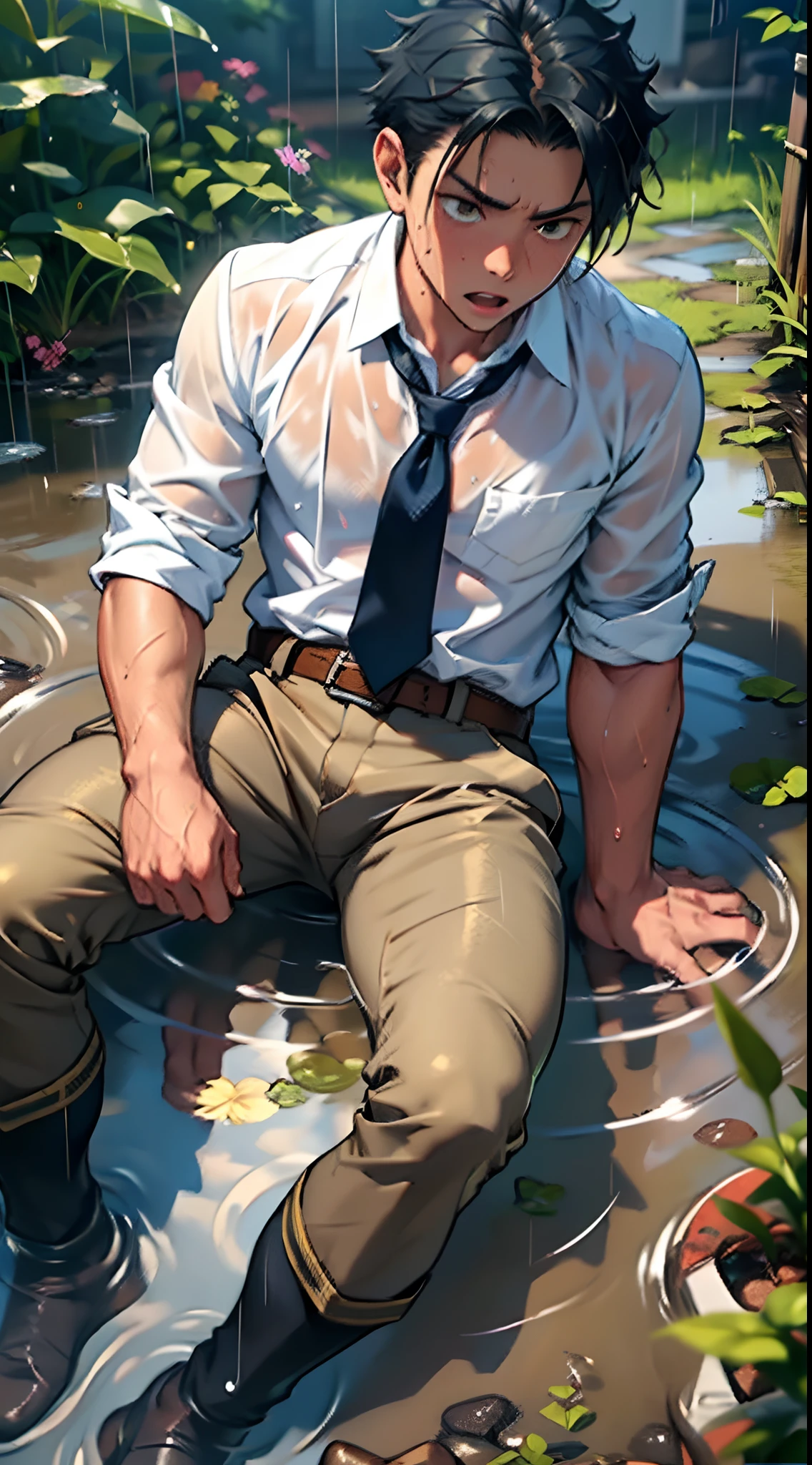 （1 Adult male），A high resolution， Sharp focus， Pixiv masterpiece， （（Complicated details））， highly  detailed， natsuki_subaru， 1 man，Lying in the mud， Nervous，full bodyesbian， Golden eyes（eyes glowing）， Short blue hair，white  shirt，Wear a tie，Wear a belt，perspire，rain，Drenched，Sweaty crotch，Urine flows from the crotch，pissing，Pee on the legs，Urine clumsily runs down the thighs，Lie down，legs separated，Pants are wet，Wet diapers，exhilarated，is shocked，panicking，worry，A small puddle of your own urine forms under your feet