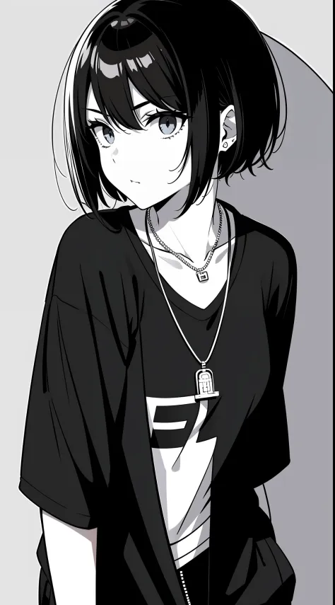 girl, side portrait, black and white, messy short hair, edgy accessories,sporty style, casual t-shirt, confident gaze, monochrome color scheme, looking to the side, chic street fashion, casual hands in pockets pose,head,Simple Necklace