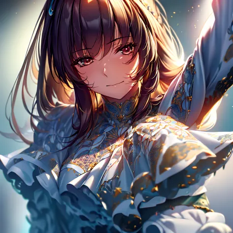 (extremely detailed 8k wallpaper)+,mesy hair,holding her head in with a satisfied face,1girl,solo, Intricate, High Detail, dramatic, best quality masterpiece, photorealistic, detailed, 8k, HDR, backlighting, bloom, light sparkles, chromatic aberration, sha...