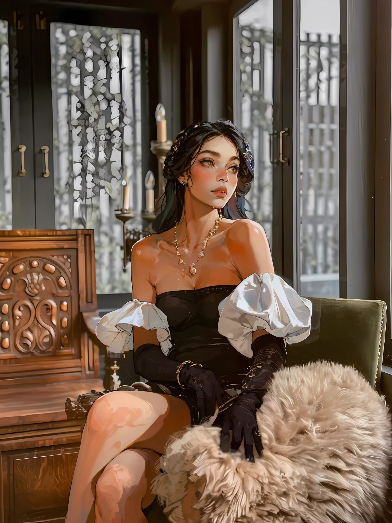 There was a woman sitting on a chair in the room., High-end fashion photography, Puff Arm, portrait shot, Fashion Photography Editor, Wear elegant clothes., Classic portraits, Baroque, gemma chen, Elegant lady, Inspired by Marie-Gabrielle Capet, Portrait of modern Darna, 🤬 🤮 💕 🎀, cindy avelino