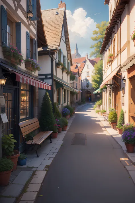 Street scene painted with cafes and benches, quaint village, Thomas Kinkade CFG _ Level 9, french village exterior, Thomas Kinkade CFG _ Scale 8, Inside the French village, tomas kinkade, author：Bernard DeAndrea, author：Arthur Penn, streetview, Pierre Roy,...