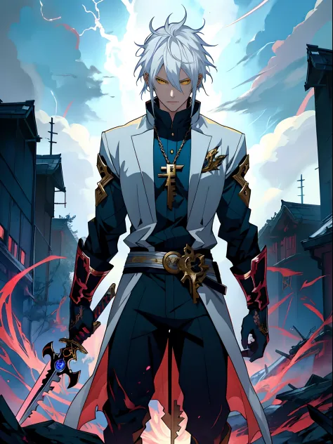 anime character with white hair, yellow eyes and sword standing in front of lightning， detailed key anime art, white-haired god,...