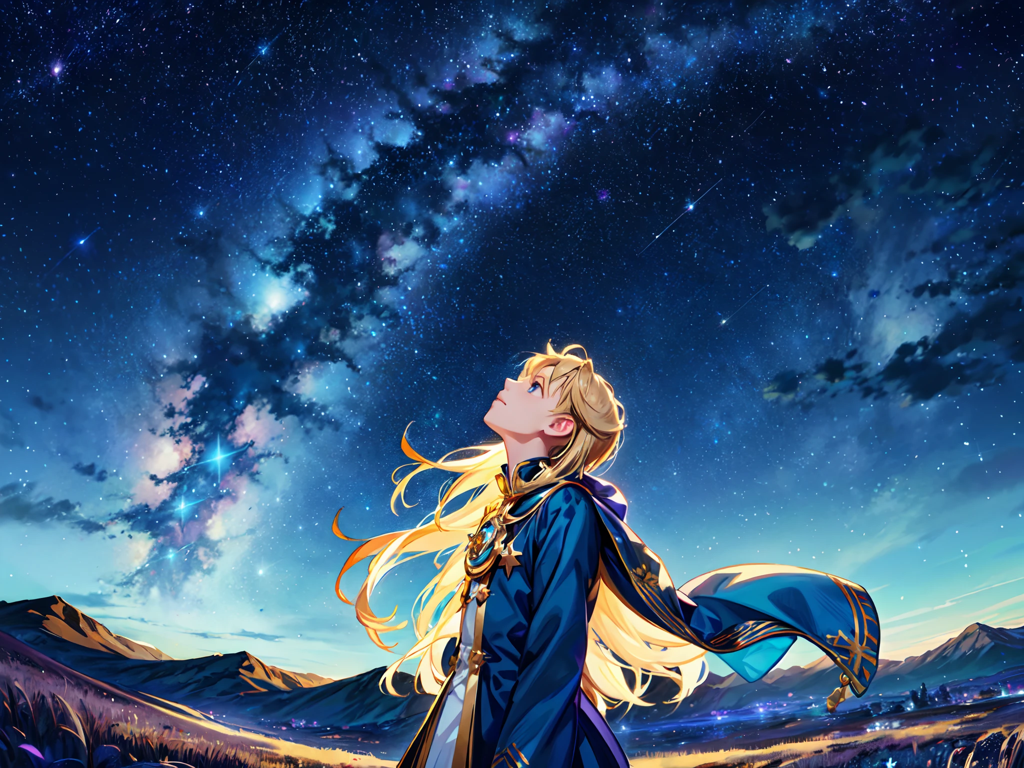 Under the starry sky, you stand, surrounded by beautiful shining stars. Looking up at the sky, you seem to be contemplating something. Your expression is quiet and calm, as you face yourself under the starry sky.