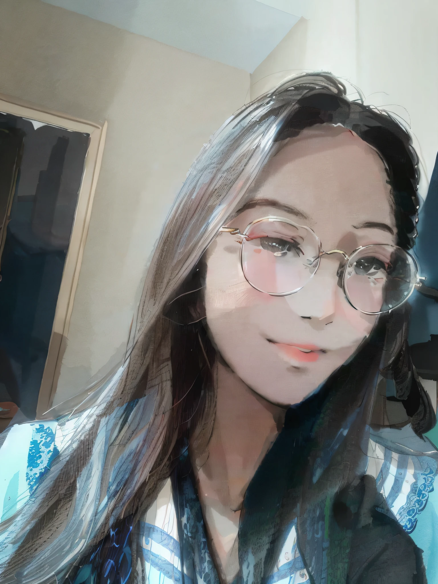 there is a woman with glasses and a blue shirt posing for a picture, With glasses, 2 7 years old, wearing small round glasses, 2 8 years old, wearing thin large round glasses, xintong chen, wenfei ye, eye glass, a girl with round glasses, wears glasses, 18 years old, 2 9 years old, 21 years old