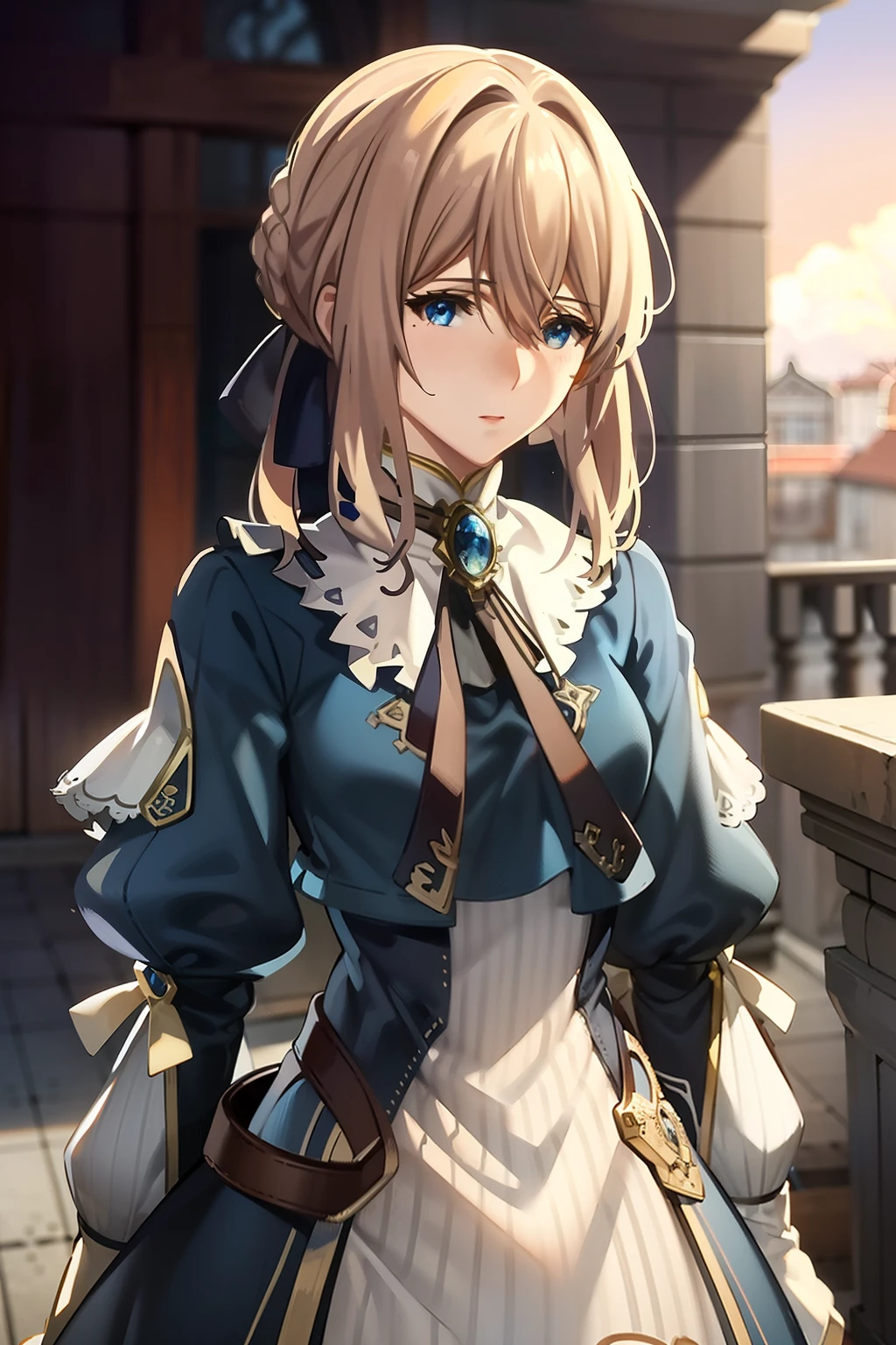 Una mujer con un vestido azul está parada en el balcón con una espada., Violeta Evergarden, , loli en vestido, pequeño curvilíneo , Artoria Pendragon, fantasía gran azul, girl venizian era, intrincado estilo anime cgi adornado, Kushatt Krenz Arte Clave Mujeres, Lindo anime waifu con un bonito vestido.