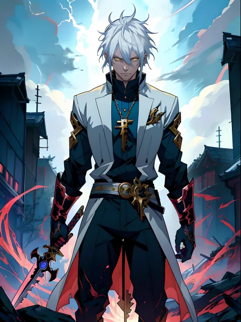 Anime character with white hair, yellow eyes and sword standing in front of  lightning， Detailed key anime art, white-haired god, Key anime art,  detailed anime character art - SeaArt AI