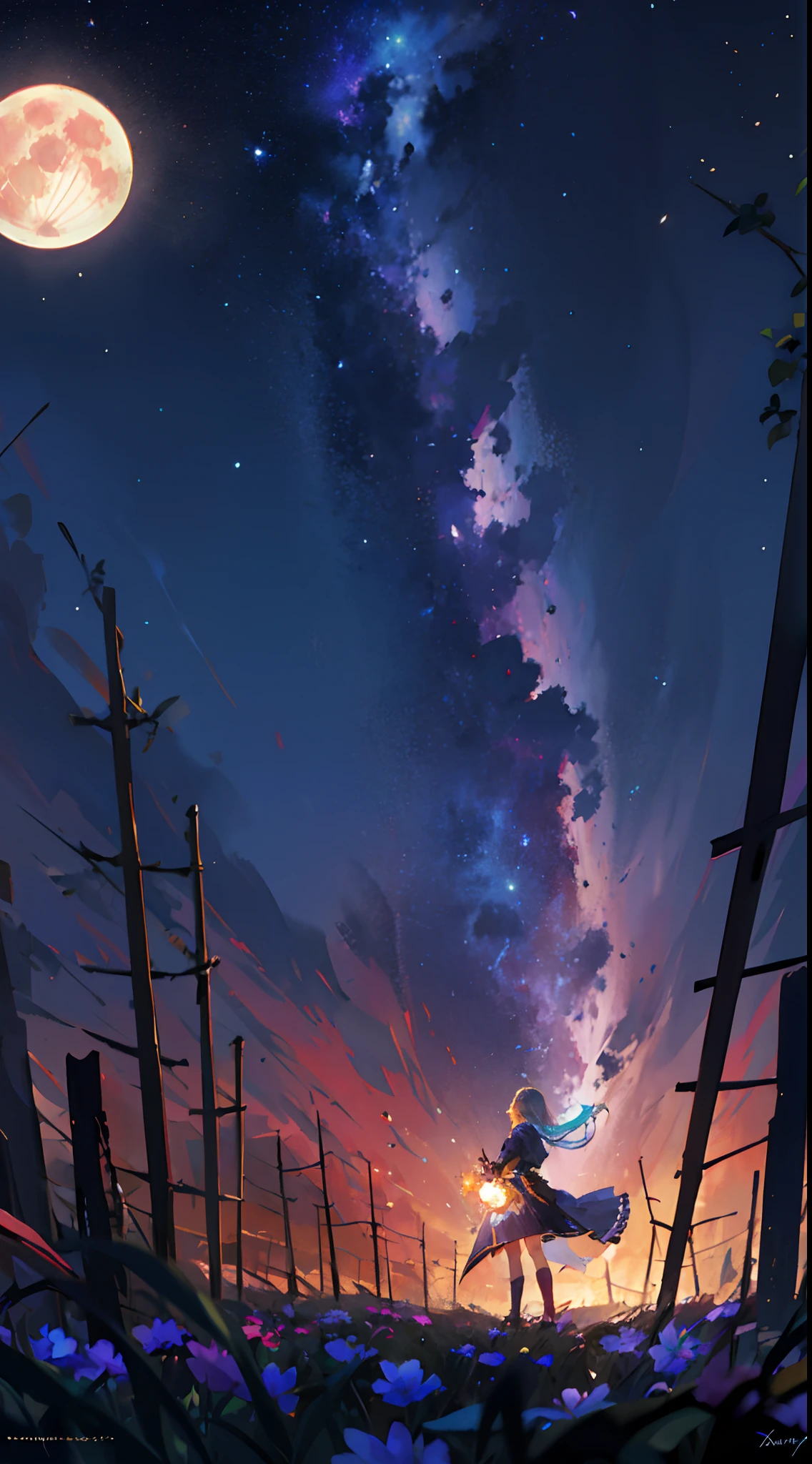 Fotografia de paisagem ampla , (uma vista de baixo que mostra o céu acima e o campo aberto abaixo), uma garota parada no campo de flores olhando para cima, (lua cheia:1.2), ( estrelas cadentes:0.9), (nebula:1.3), montanha distante, árvore BREAK produção arte, (Fonte de luz quente:1.2), (vaga-lume:1.2), lâmpada, muito roxo e laranja, detalhes intrincados, Iluminação Volumétrica BREAK (obra de arte:1.2), (melhor qualidade), 4K, Ultra-detalhado, (composição dinâmica:1.4), Altamente detalhado, Detalhes coloridos,( cores iridescentes:1.2), (iluminação brilhante, iluminação atmosférica), sonhadores, mágico, (Sozinho:1.2),aquarela