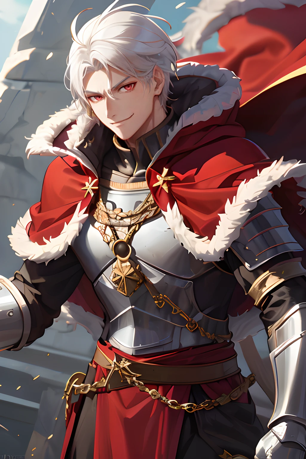 Anime - Imagen de estilo de una mujer caballero con una capa roja y cabello blanco, Arte Casimiro, ojos rojos, sonriendo, rostro varonil, Edelgard de Fire Emblem, beautiful androgynous prince, Arte de anime clave detallado, Emblema de fuego de Edelgard, Keqing de Genshin Impact, Chico guapo en el arte de Demon Slayer, crisp clear rpg portrait, roguish smirk, Arte clave del anime