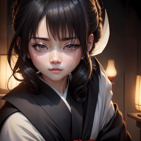 Top image quality、​masterpiece、A Japanese Lady、Mourning、kimono、crying how bright、A dark-haired、Upstyle Hair、full bodyesbian、Face looking straight ahead with back turned、Dark riding、Emerges、thin neck、8k