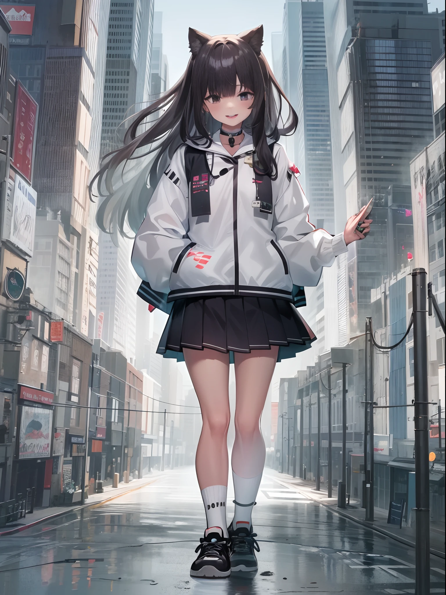 1girll, Two legs, Two hands, Bigger than the building, White jacket, Animal hood, White socks, Sneakers, Open jacket, Pleated skirt, Black skirt, Black sailor collar, Black choker, school uniform, Black shirt, puffy long sleeves, standing, Smile, Naughty, Anatomically correct, Textured skin, GTSCity