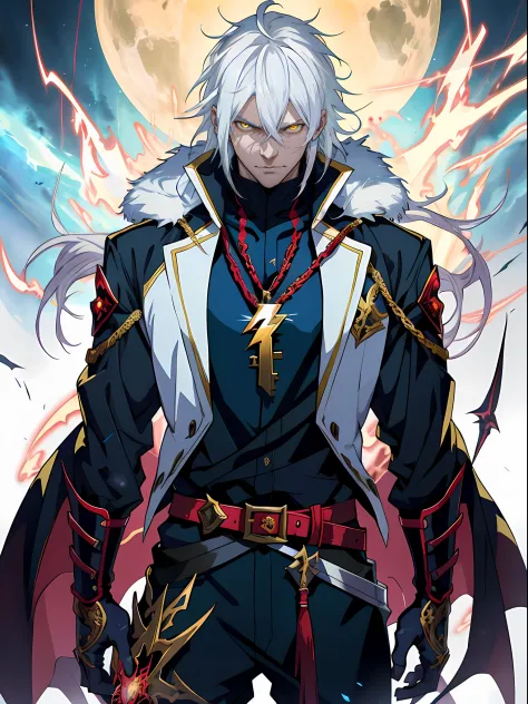 white-haired anime characters, yellow eyes and sword stand in front of lightning， detailed key anime art, white-haired god, key ...