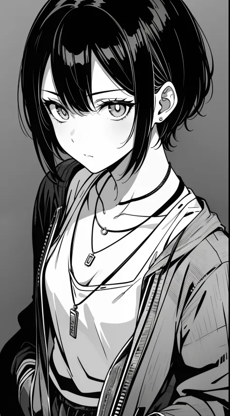 girl, side portrait, black and white, messy short hair, edgy accessories,sporty style, casual t-shirt, confident gaze, monochrom...