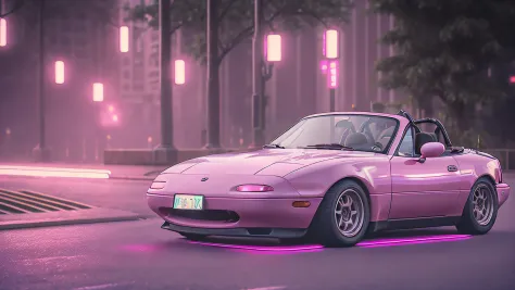 ack side view photo of pink mazdamiata in vaporwave cyberpunk city, convertible top down, high quality photo, lens flare, bokeh,...