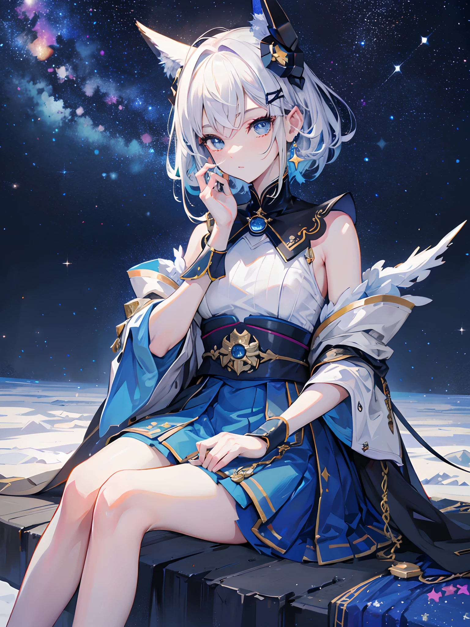 Anime girl with white hair and blue dress sitting on a ledge - SeaArt AI