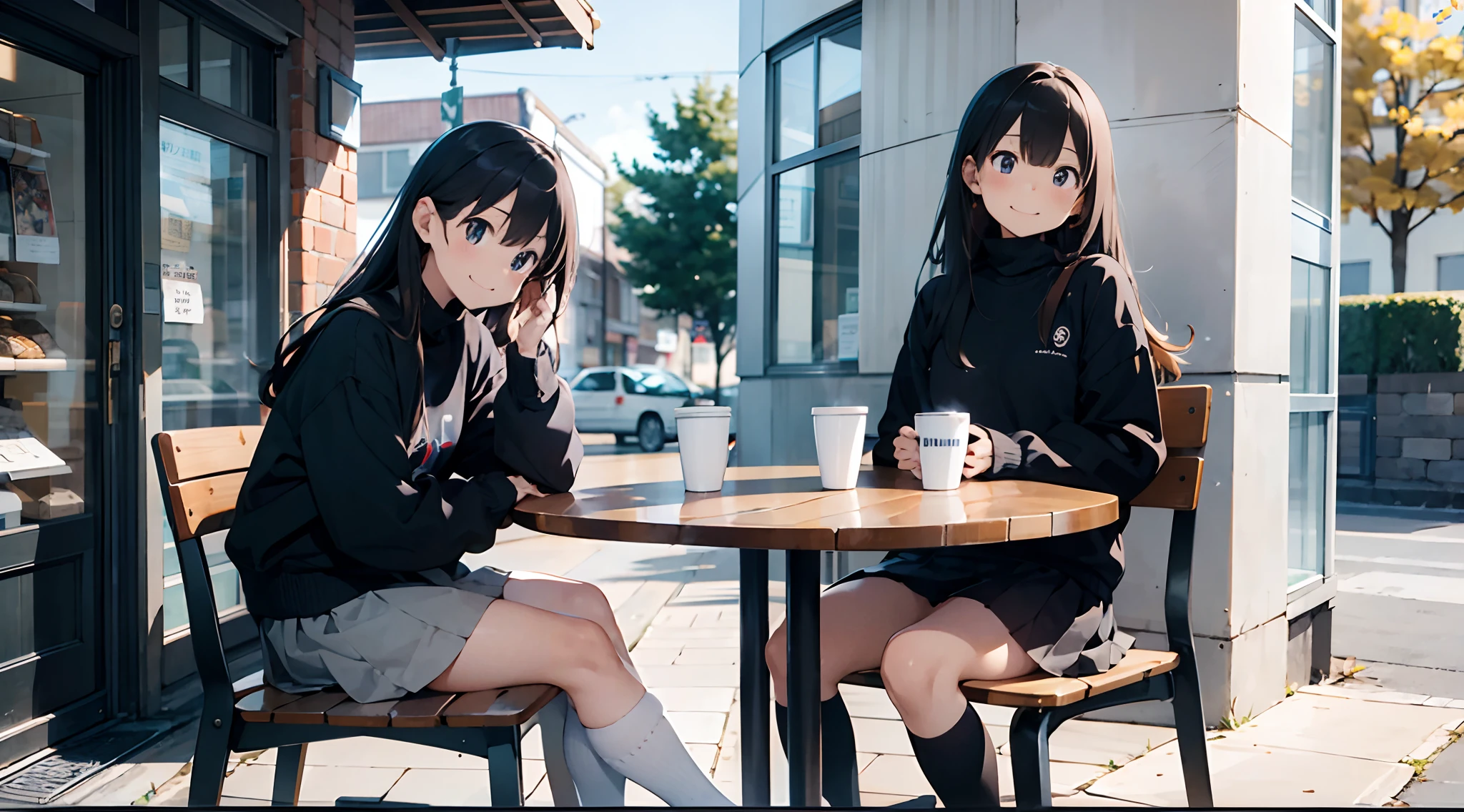 Two girls sitting at a table with a cup of coffee - SeaArt AI