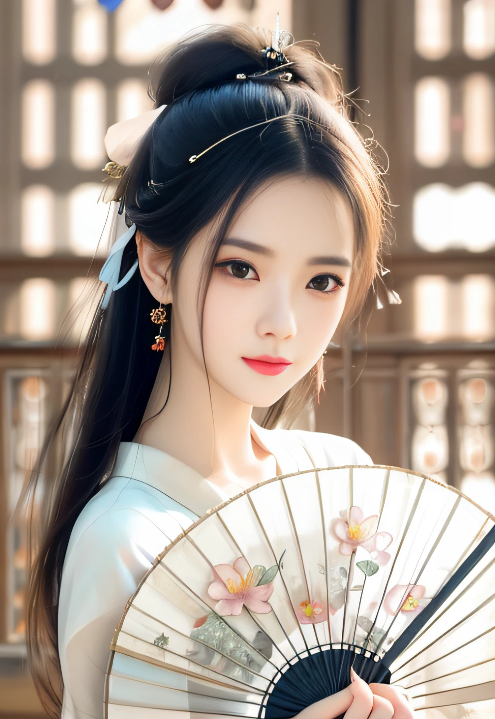 Close-up of a woman holding a fan and a flower, Palace ， A girl in Hanfu, Chinese girl, beautiful aesthetic face, beautiful delicate face, cute delicate face, beautiful Korean women, gorgeous chinese models, author：Fan Qi, author：Yu Zheding, feminine beautiful face, Traditional beauty, ruan jia beautiful!, Beautiful Asian girl, Very beautiful girl