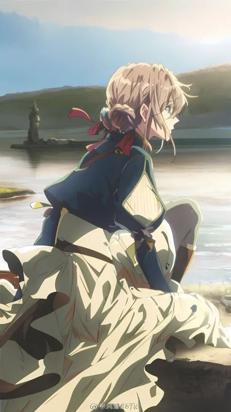 Anime girl sitting on a stone by the water holding a sword, Violet Evergarden, key visual, key art, anime key visual”, offcial a...