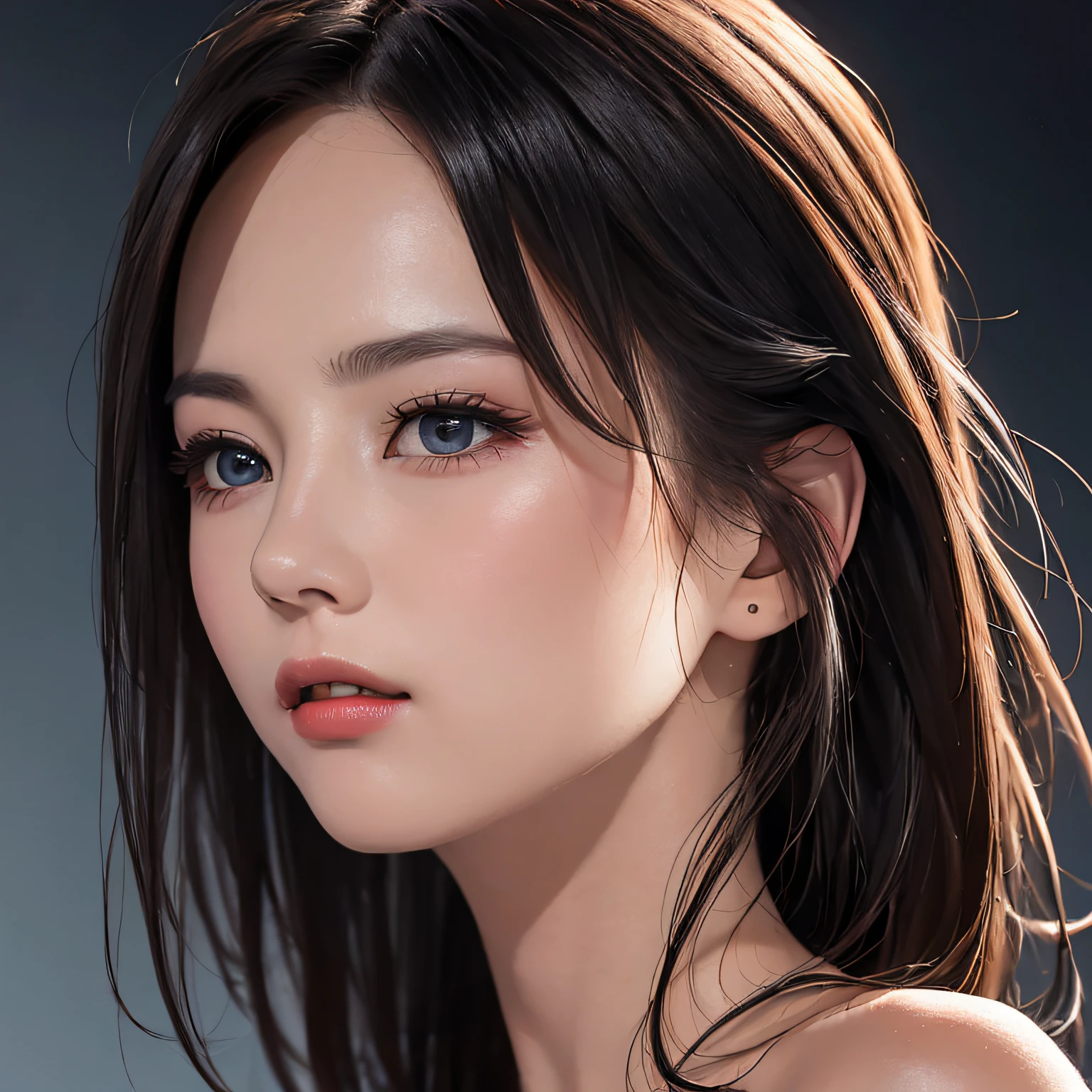 (8K, RAW Photos, of the highest quality, Masterpieces: 1.2), (Realistic, Photorealistic: 1.37), Highest Quality, Ultra High Resolution, light  leaks, Dynamic lighting, Slim and smooth skin, (Full body:1.3), (Soft Saturation: 1.6), (Fair skin: 1.2), (Glossy skin: 1.1), Oiled skin, 22 years old, Night, shiny white blonde, Well-formed, Hair fluttering in the wind, Close-up shot of face only, Physically Based Rendering, From multiple angles, maikurobikini、radiant lips