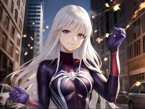 Enterprise in detailed Spider-Man costume,medium breasts,superhero pose,standing in ruined city,smoke,sparks,(8k),scratches,clos...